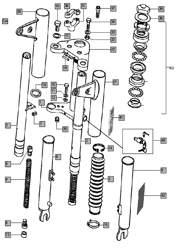 Zoek onderdelen op tekening Tomos Voorvork Oud type ( voor bj. 2007)