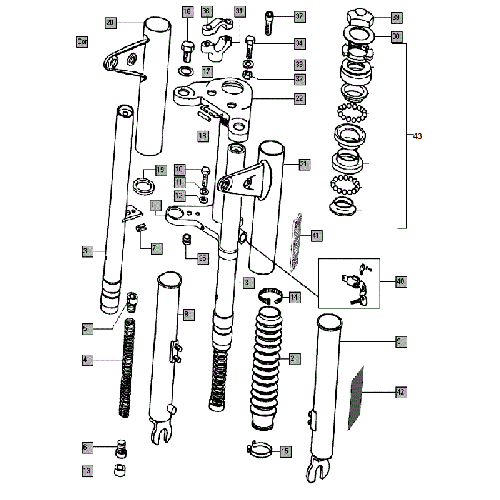 Zoek onderdelen op tekening Tomos Voorvork Oud type.